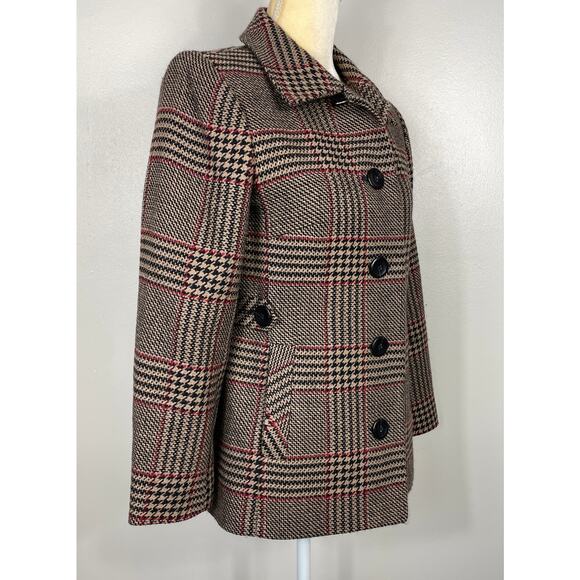 Talbots Plaid Wool Button-Up Blazer Tan Black Houndstooth 8 Petite Pea Coat - Picture 4 of 9